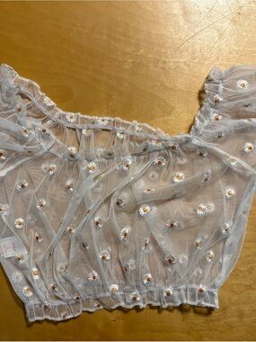 #77 - MUST GO! ROMWE Sheer Daisy Embroidered Crop Top - White and Yellow - Large
